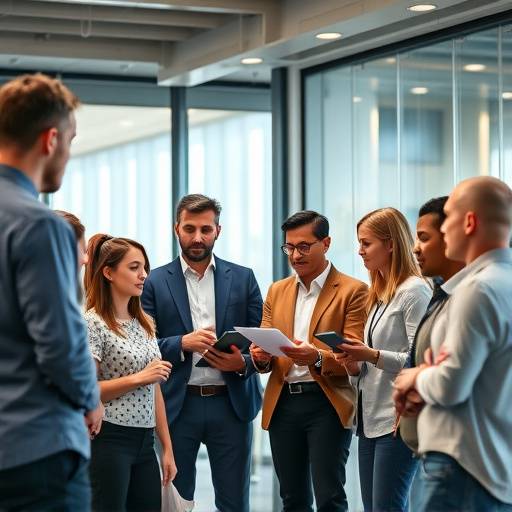 A diverse group of people collaborating in a modern office setting, symbolizing teamwork and professional development.