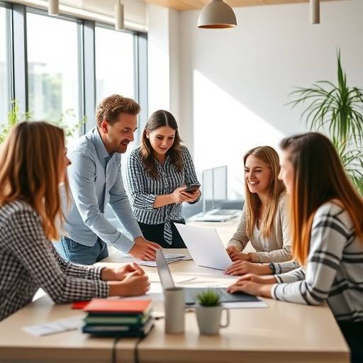 A group of people collaborating in a modern office space.